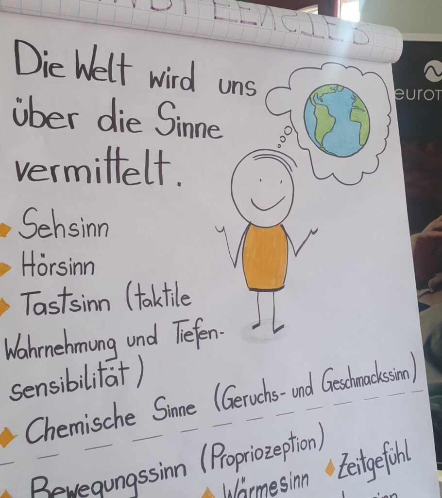 in Flipchart mit einer Strichmännchen-Zeichnung und der handschriftlichen Überschrift „Die Welt wird uns über die Sinne vermittelt“, gefolgt von einer Liste (Sehen, Hören, Tasten)