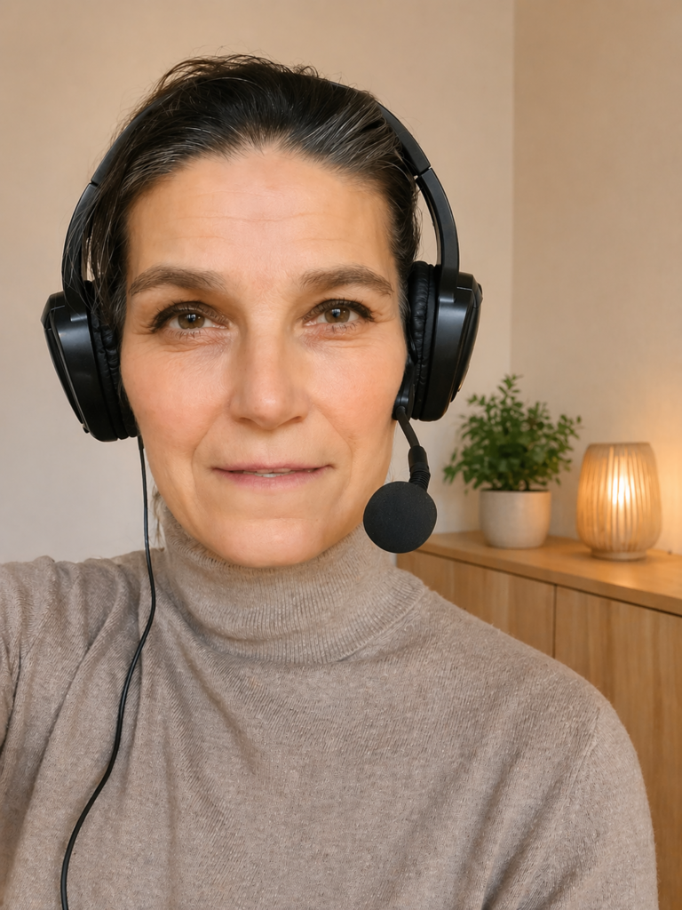 Nahaufnahme einer Frau mit dunklen Haaren und einem Headset mit Mikrofon, die direkt in die Kamera blickt [Blog]